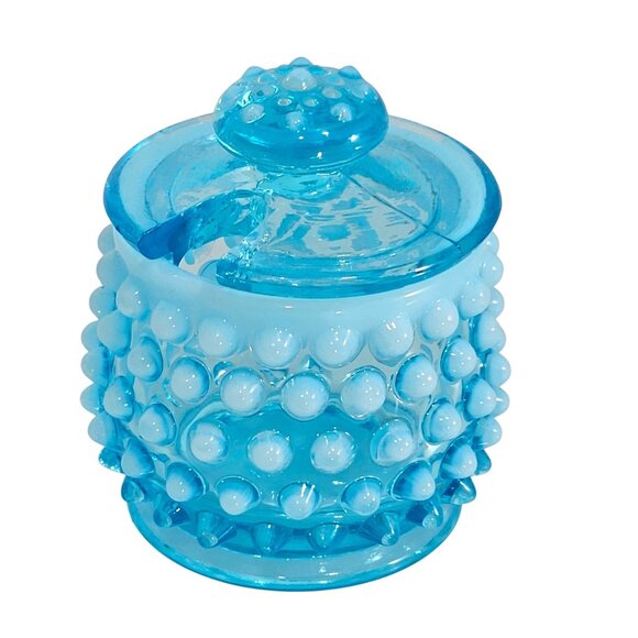 Fenton Hobnail Blue Opalescent Pot w/ lid 3" mustard serving bowl vtg 50s charm - Picture 1 of 6